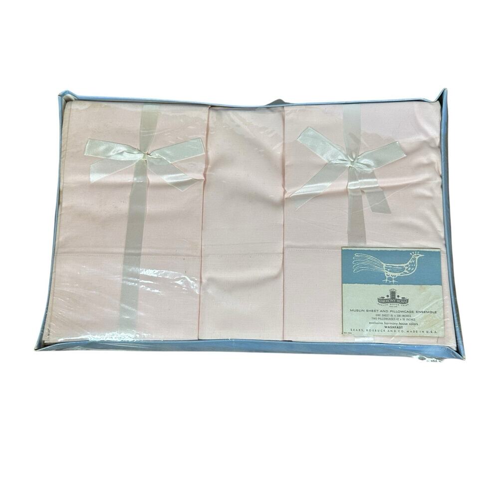 Vtg Sears Roebuck Harmony House Full Flat Sheet & 2 Pillowcases Pink Muslin NEW